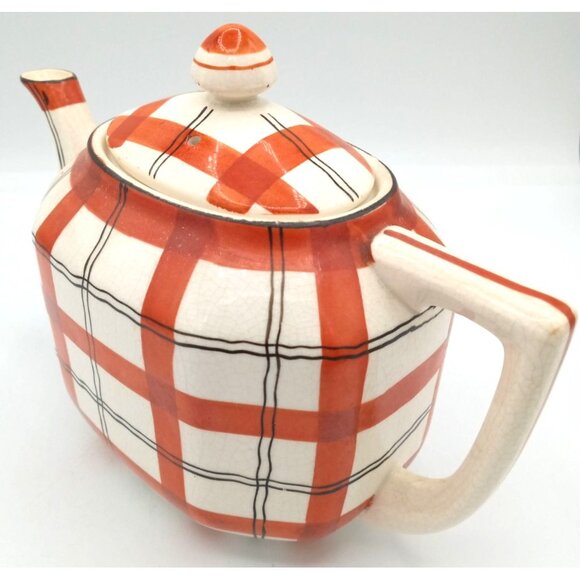 Red Plaid Teapot Vintage Takito Company Japan Hand Painted Crazed 9 Inch Serving - Picture 2 of 16